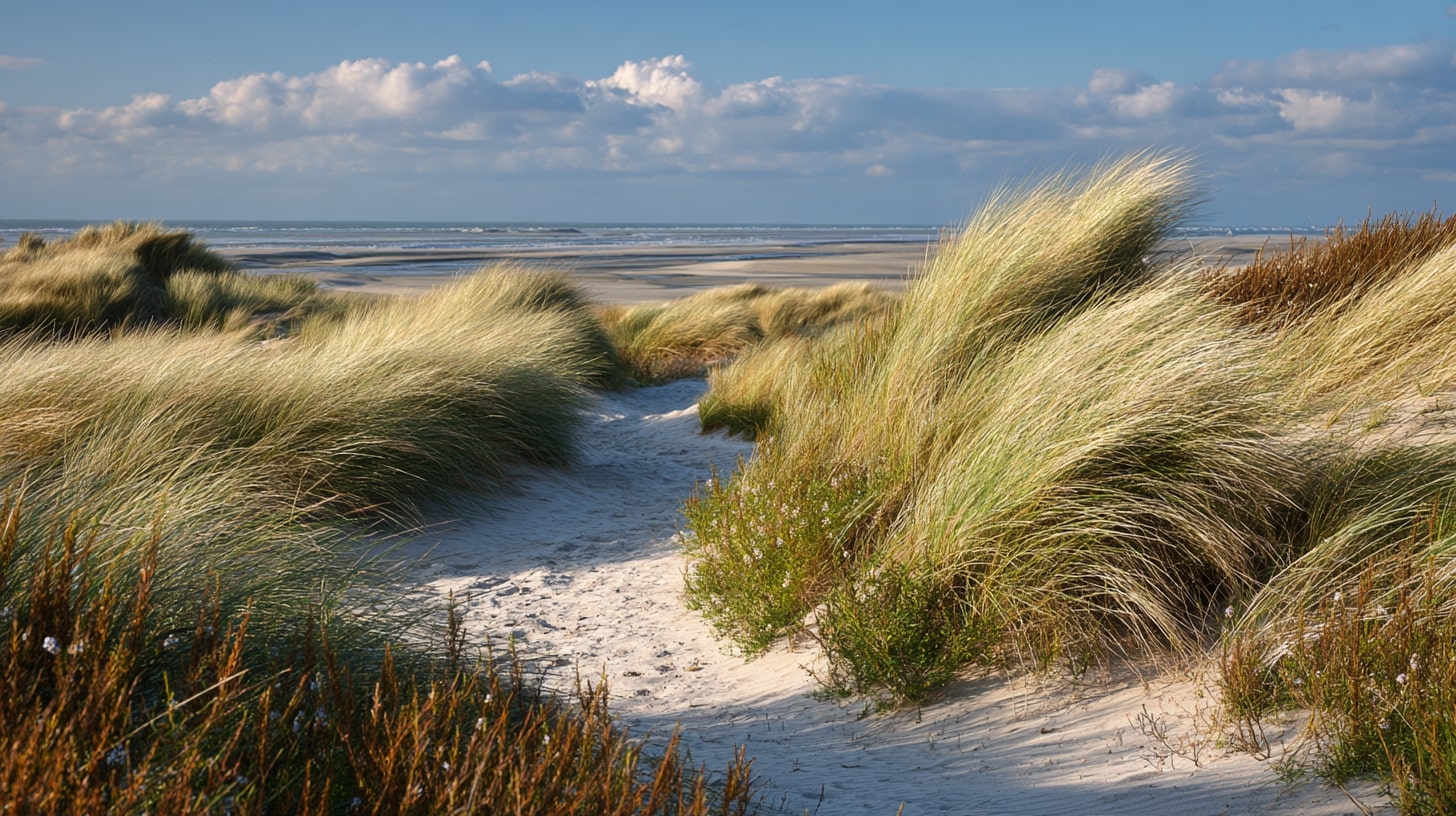 Dunes protégées de Leffrinckoucke avec oyats et flore saisonnière